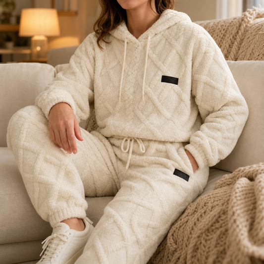 Cream 3D embossed hoodie and jogger lounge set with drawstring waist