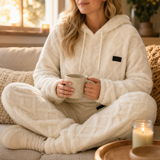 Cream fleece lounge set with textured hoodie, drawstring joggers, black logo patch