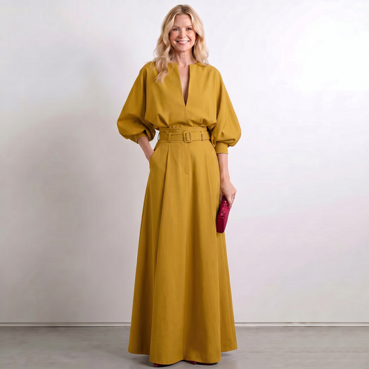 Ginger yellow A-line maxi dress with short puff sleeves and V neckline, belted waist