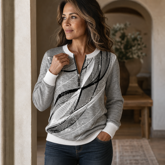 Gray abstract stripe half-zip sweatshirt, white ribbed collar and cuffs