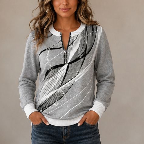 Light gray half-zip sweatshirt with black-and-white abstract line artwork and ribbed cuffs