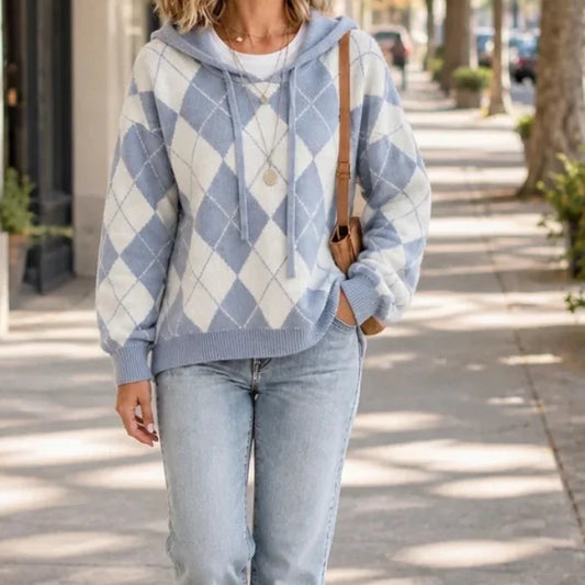 Blue and cream argyle hooded knit sweater with drawstrings and ribbed cuffs