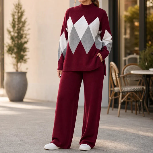 Burgundy argyle knit sweater and wide-leg trouser set with relaxed fit