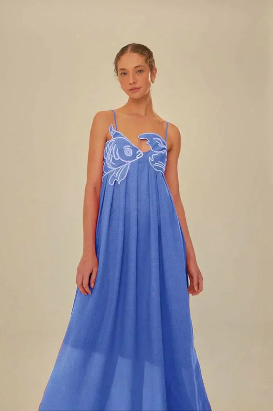 Blue spaghetti-strap maxi dress with white fish and swirl print