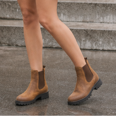 Tan brown Chelsea ankle boots with elastic side panels and chunky black tread