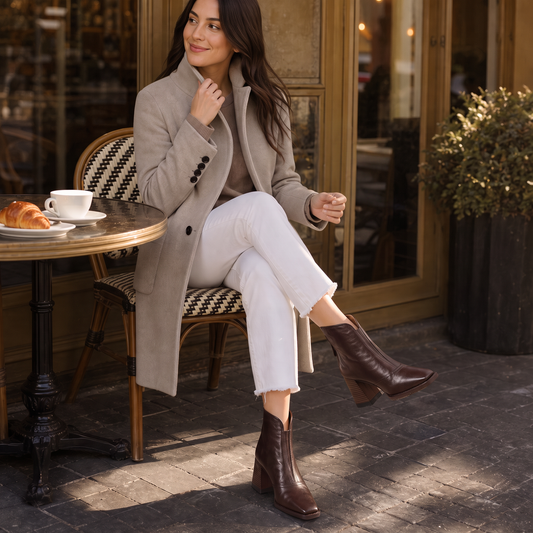 Brown PU ankle boots with sculpted block heel and pull-on front