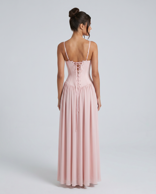 Pink corset maxi dress with spaghetti straps and lace-up back