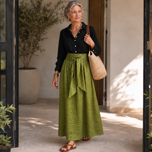 Black button shirt and olive green tie-waist midi skirt set, full outfit view