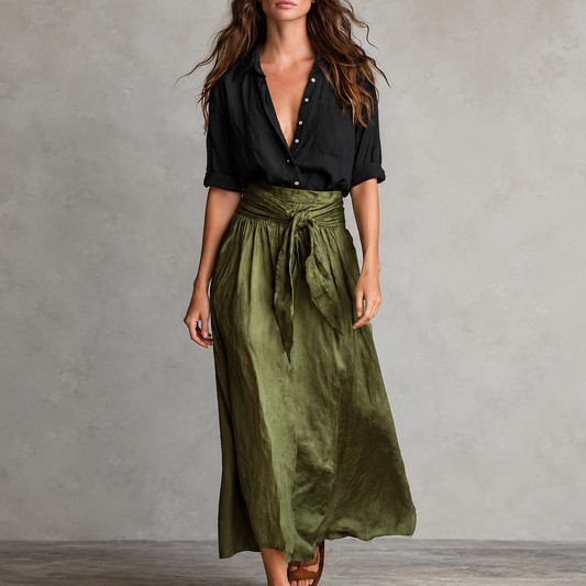 Black button-front shirt with tie-waist olive midi skirt set