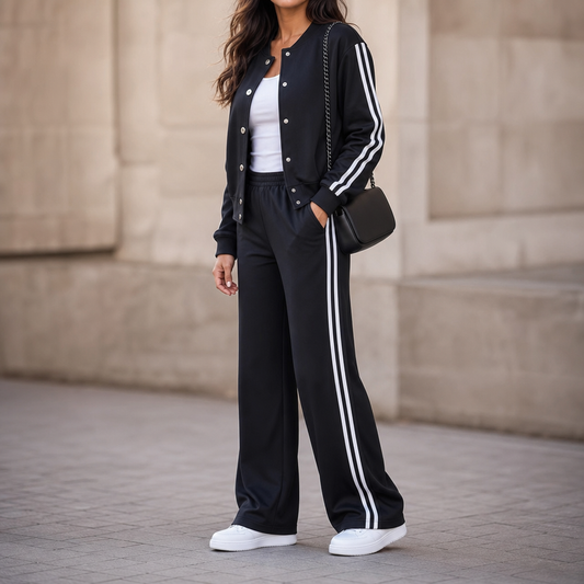 Black contrast-stripe loungewear set with button jacket and wide-leg pants