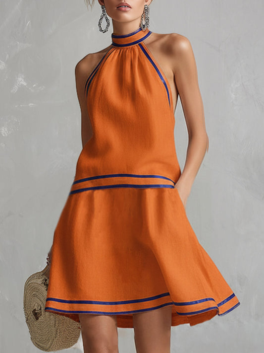 Orange halter mini dress with blue contrast stripes, cotton-linen blend