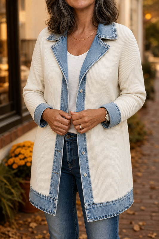 Denim-Look Spliced Ribbed Knit Coat