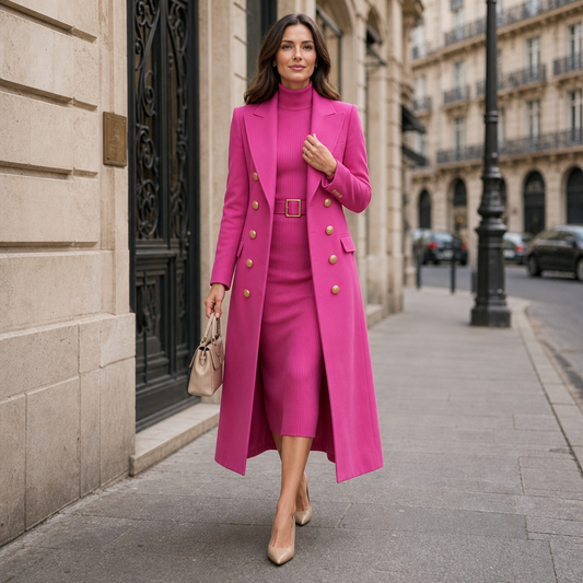 Rose magenta wool-look coat, double-breasted with gold buttons and belted waist detail