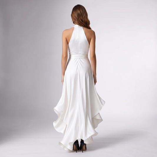 White backless draped halter wrap gown with waist tie and layered high-low skirt