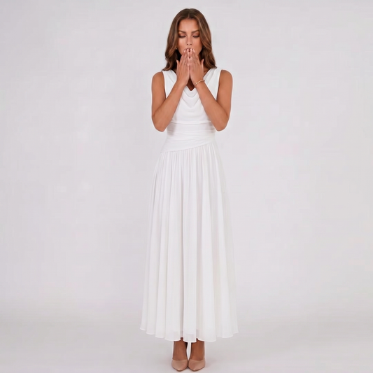White draped-neck midi dress with pleated skirt, sleeveless