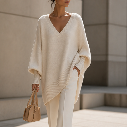 Cream draped V-neck stretch-knit sweater with loose batwing sleeves and ribbed cuffs