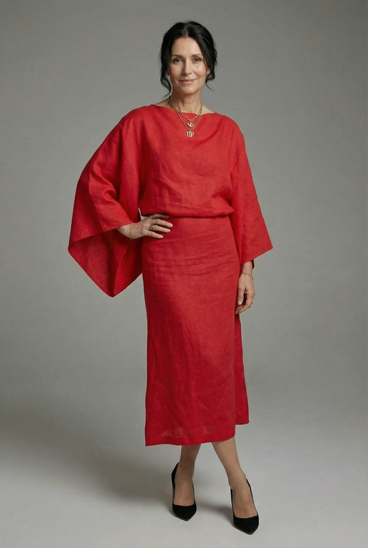 Red kimono midi dress with tie waist and wide dolman sleeves, round neckline.
