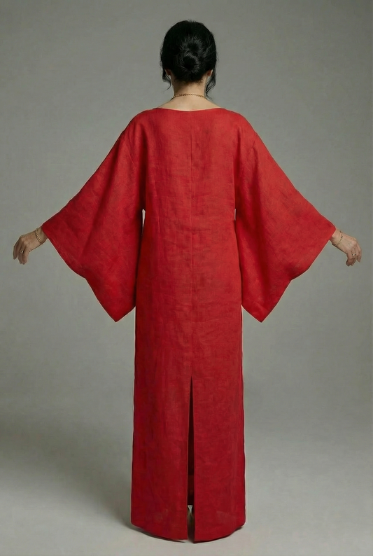 Red kimono midi dress back view with wide sleeves and long split hem.