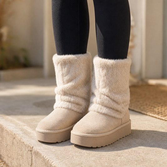 Beige mid-calf faux-fur boots with platform sole and soft fur cuff