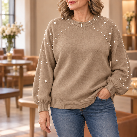 Taupe crew-neck sweater with faux pearl dots on sleeves and front yoke