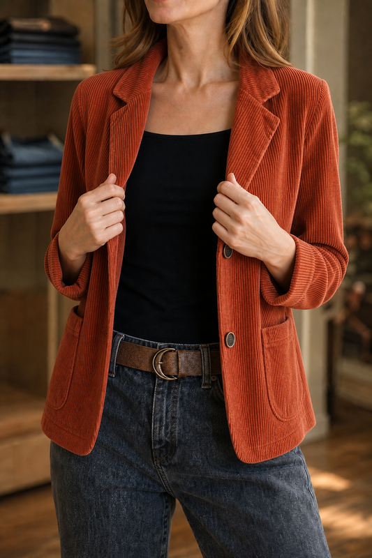 Rust-orange corduroy-look structured-shoulder jacket with notch lapels and button front