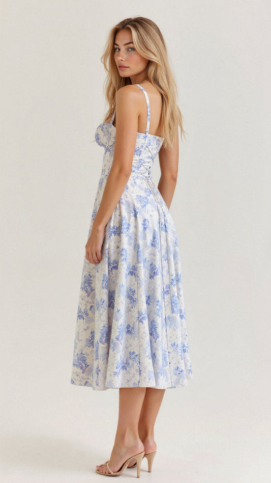 Light blue floral fitted midi dress with thin straps and defined waist, midi