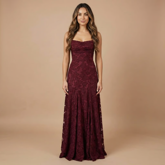 Burgundy floral lace maxi dress, spaghetti straps and sweetheart neckline