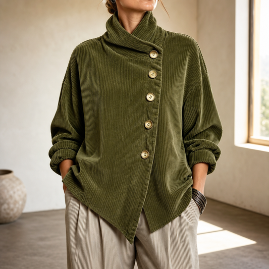 Olive green corduroy funnel-collar top with asymmetric front buttons and long sleeves