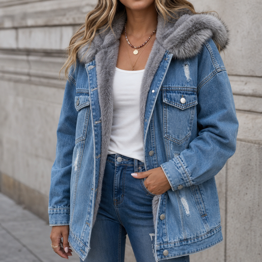 Fur-Collar Distressed Denim Jacket