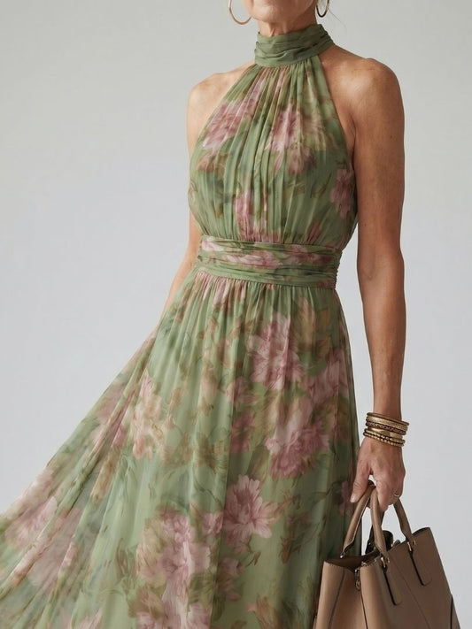 Sage green floral halter midi dress, ruched high neck and tiered gathered skirt