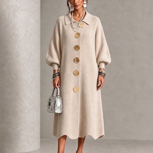 Beige ribbed maxi dress with lantern sleeves and gold button front