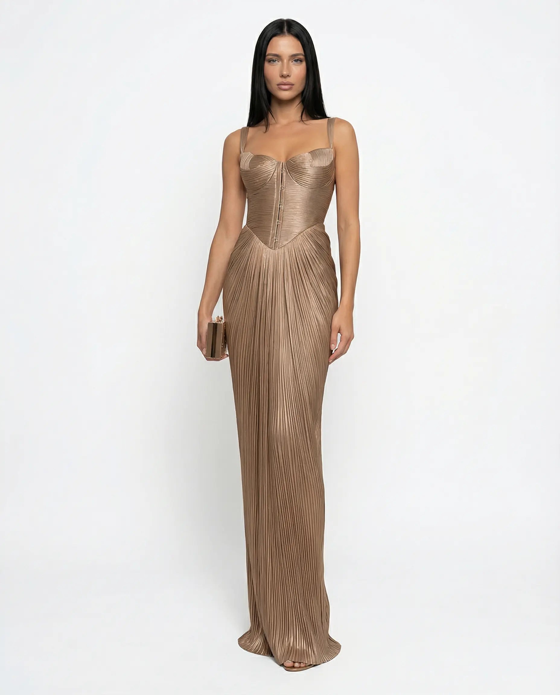 Women's Pleated Corset Maxi Dress, Gold Glossy Elegant Occasion Gown, Gold / M