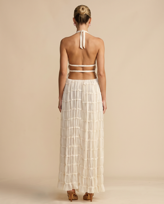 Ivory halter backless crop top and pleated tiered maxi skirt set