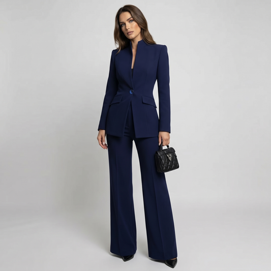 Navy high-neck blazer and wide-leg trousers with flap pockets and center button closure