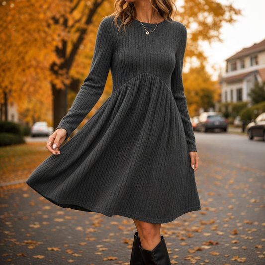 Gray ribbed knit high-waist A-line midi dress with long sleeves and round neckline