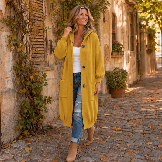 Long yellow hooded cardigan with button front, ribbed cuffs and two patch pockets