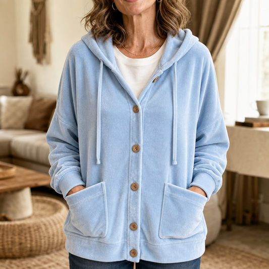 Hooded Button-Front Velour Cardigan