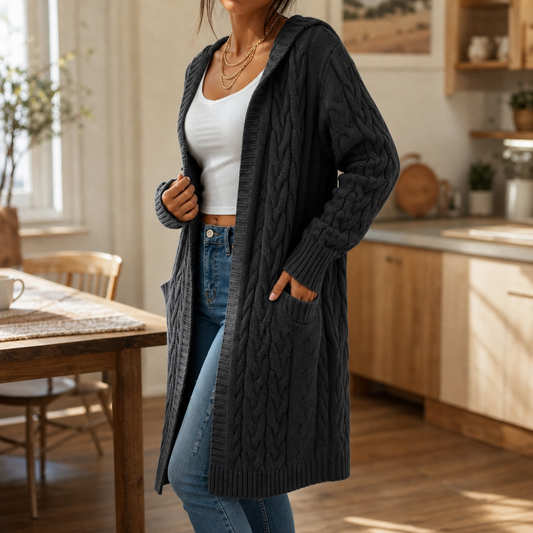 Hooded Longline Cable-Knit Cardigan