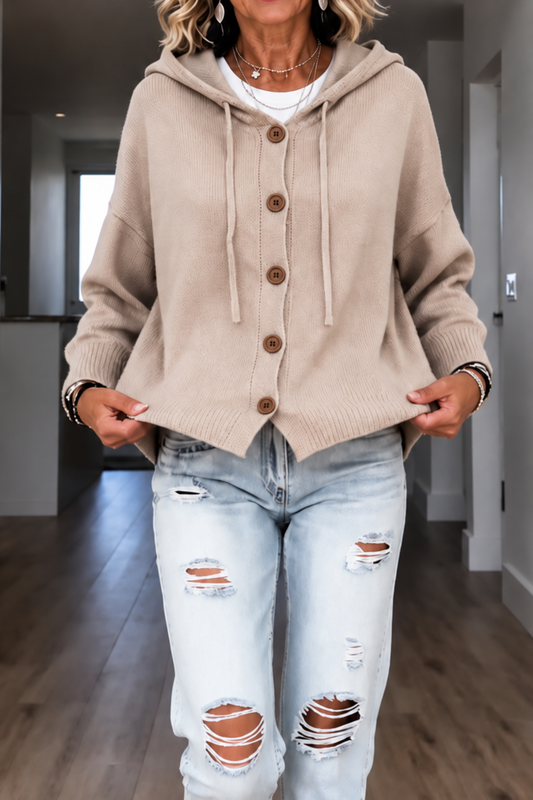 Taupe hooded rib-knit cardigan with drawstrings, button front, and ribbed trim