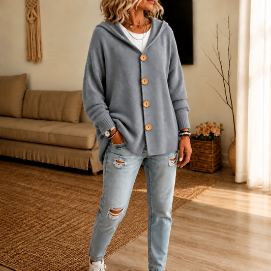 Gray hooded cardigan with wooden buttons and ribbed cuffs