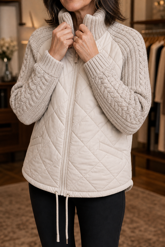 Knit-Panel Quilted Patchwork Puffer Jacket