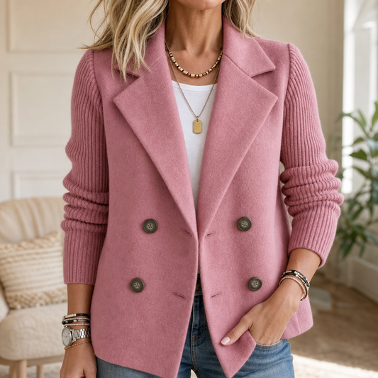 Knit-Sleeve Double-Breasted Blazer