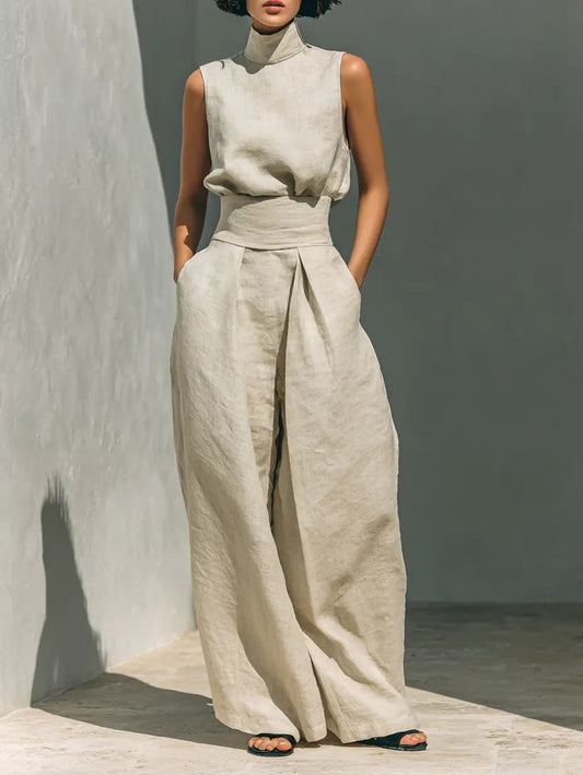 Linen high-neck sleeveless set in light cream with wide-leg trousers