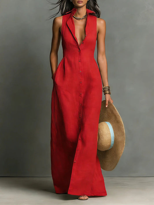 Red linen maxi sleeveless button-front shirt dress with deep V neckline