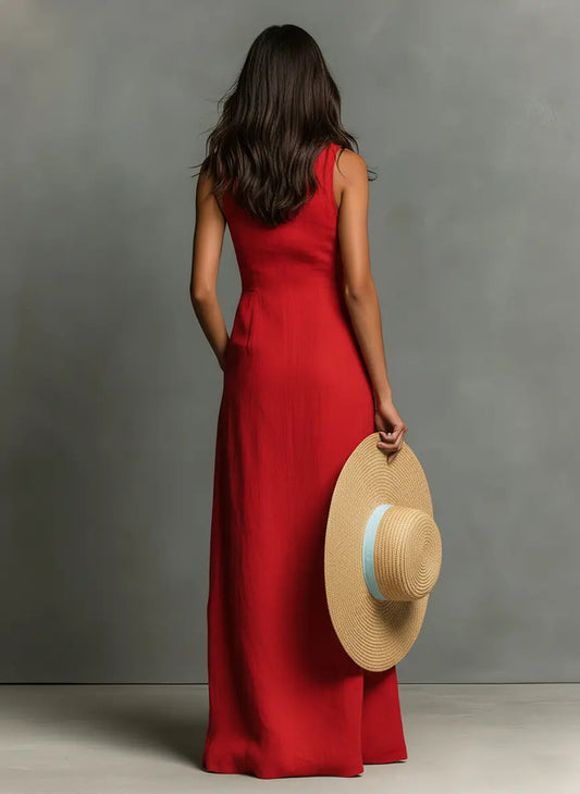 Red linen maxi sleeveless shirt dress, back view, button-front and deep V neckline