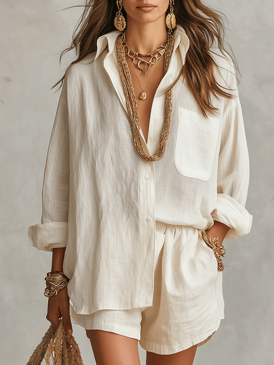 Off-white linen oversized shirt and shorts set, long sleeves, chest pocket, button front