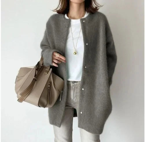Loose-fit cardigan with button front, long sleeves, heather gray fuzzy knit.