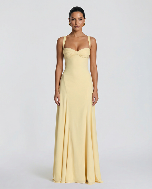Yellow corset maxi dress with sweetheart neckline and thin straps