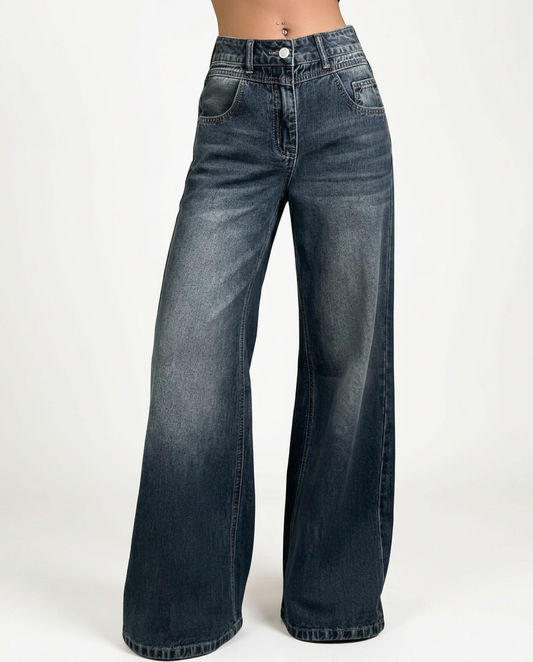 Denim-look wide-leg trousers, mid-waist, dark wash blue, button fly, five-pocket design