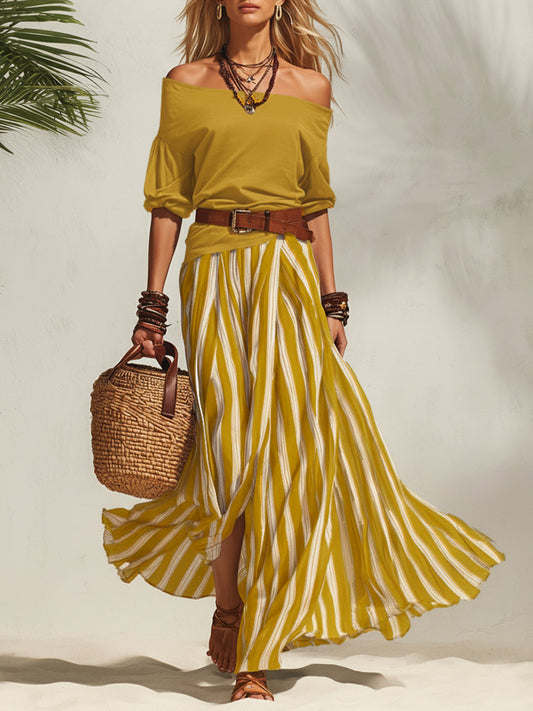 Women's yellow off-shoulder chiffon top with striped maxi slit skirt set